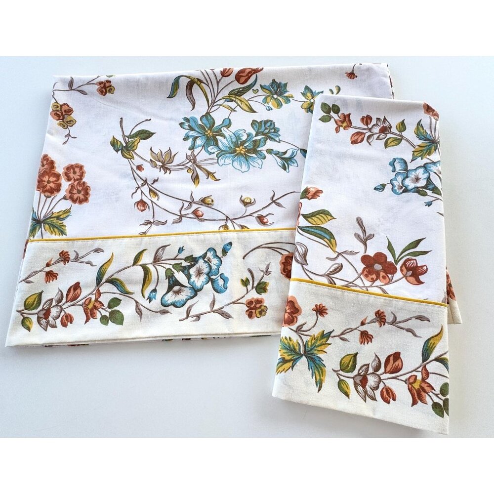 Vintage 70s pillowcases set, blue, white and brown flowers, Truprest